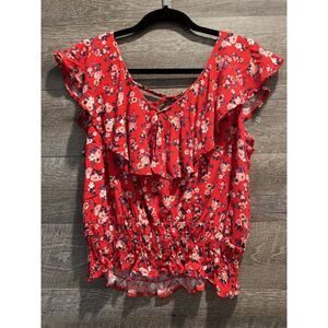 No boundaries Rayon Red Floral Criss Cross Back Blouse Size XXL